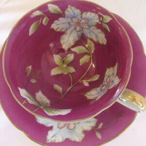 Shofu Occupied Japan Tea Cup and Saucer Hand Painted Blue Floral on Magenat I248